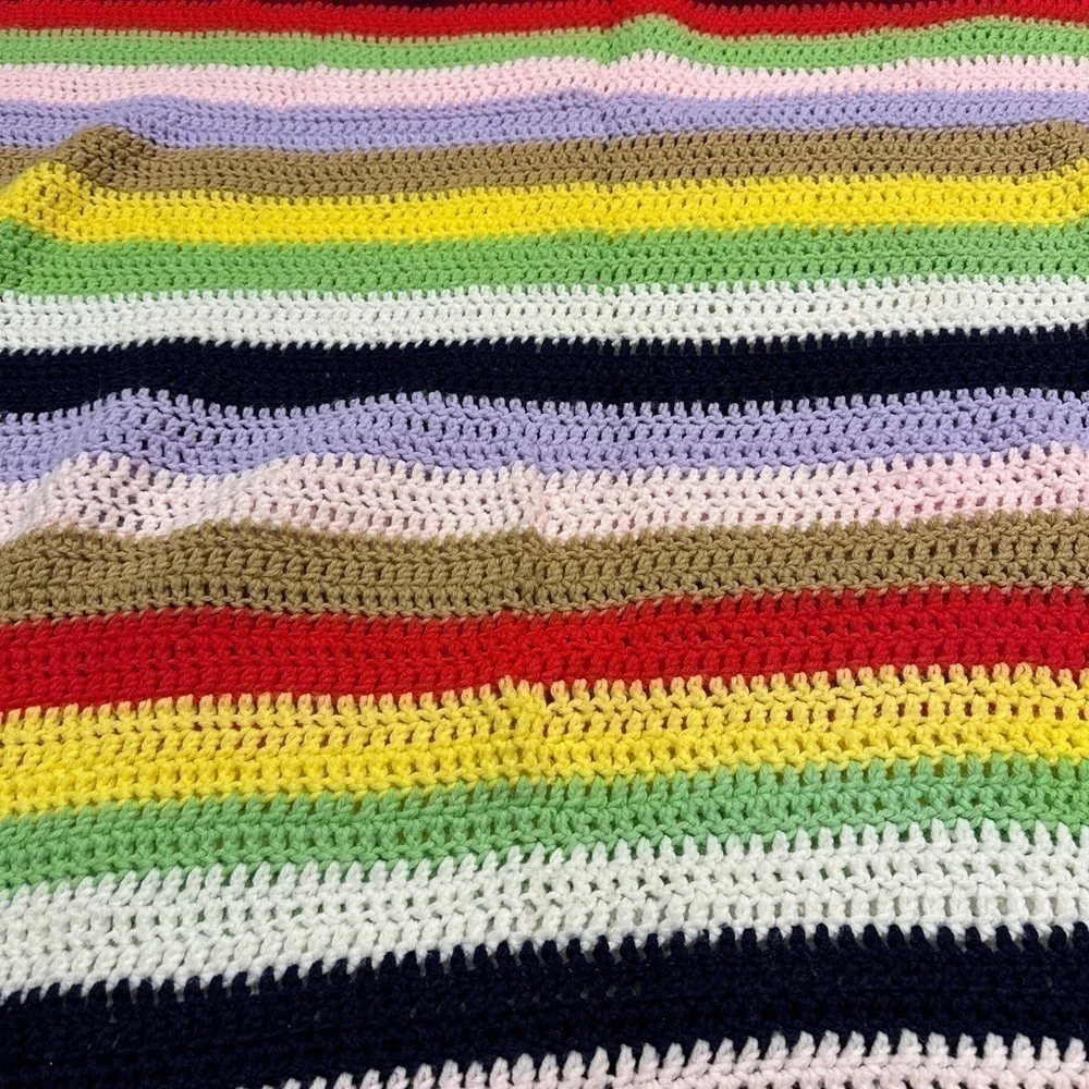 36x80” vintage handcrafted knit striped multicolor afghan throw blanket